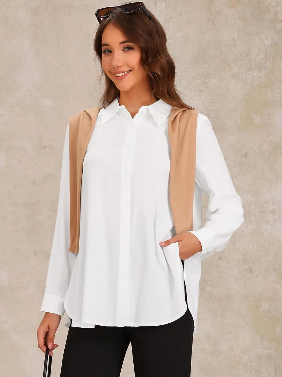 Allegra K Button Down Shirts for Women Dressy Shirt Long Sleeve Chiffon Blouses Collared Side Slits Work Office Tops
