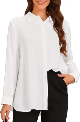 Allegra K Button Down Shirts for Women Dressy Shirt Long Sleeve Chiffon Blouses Collared Side Slits Work Office Tops