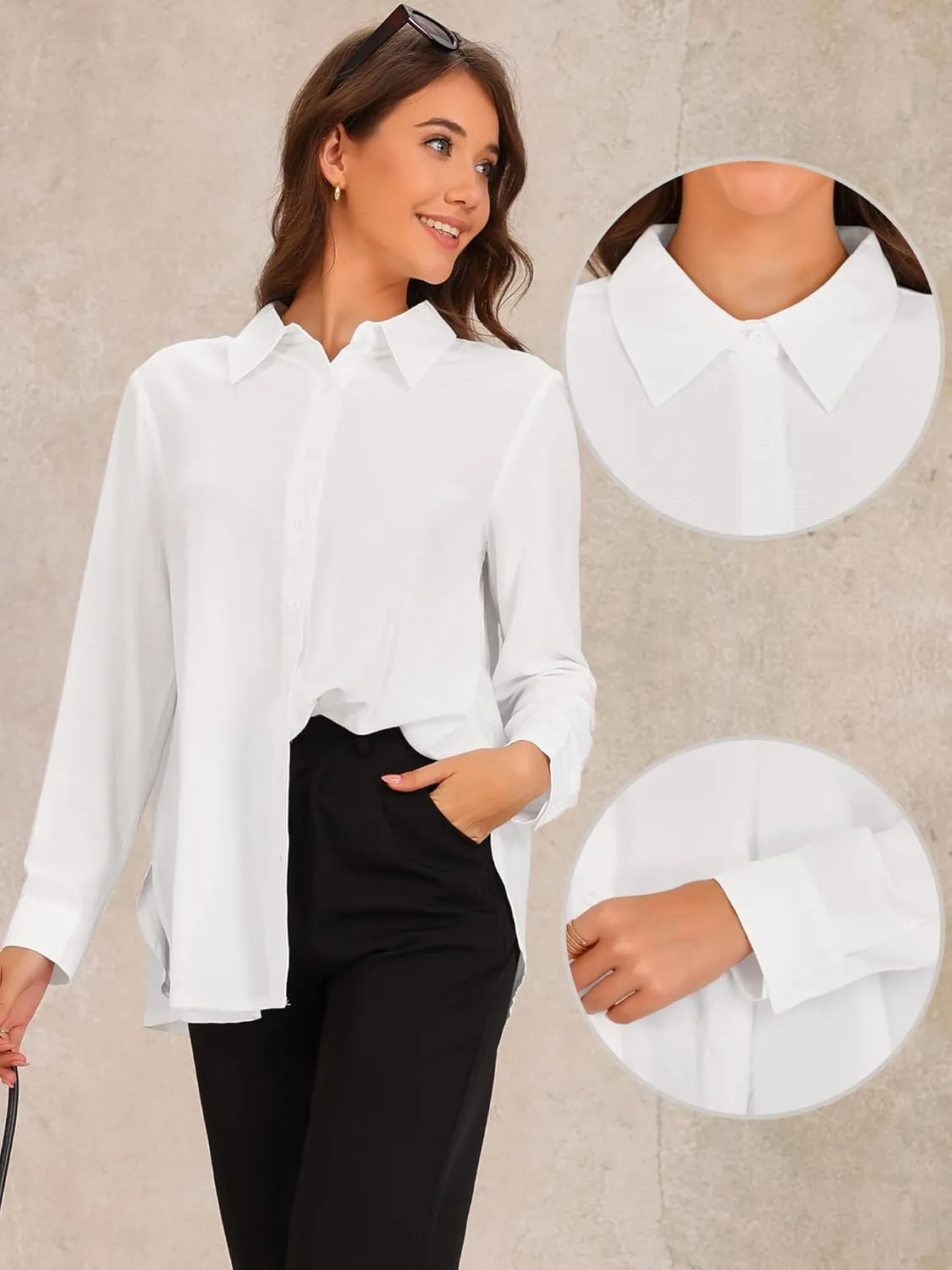 Allegra K Button Down Shirts for Women Dressy Shirt Long Sleeve Chiffon Blouses Collared Side Slits Work Office Tops