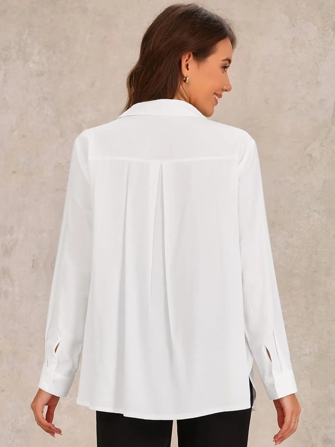 Allegra K Button Down Shirts for Women Dressy Shirt Long Sleeve Chiffon Blouses Collared Side Slits Work Office Tops