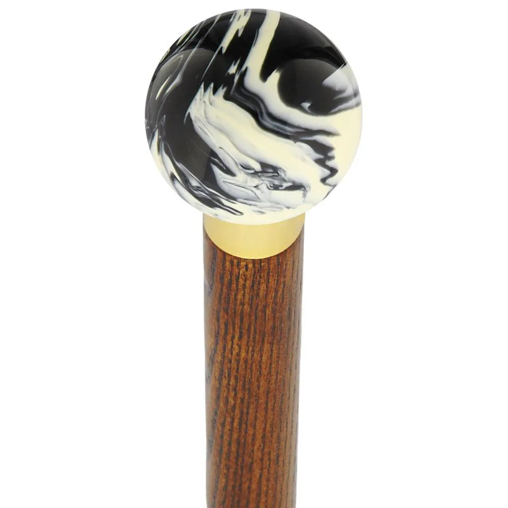 Black & White Cream Swirl Round Knob Cane w/ Custom Color Ash Shaft & Collar
