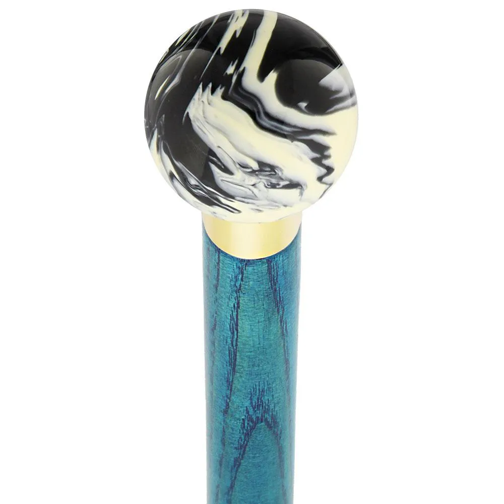 Black & White Cream Swirl Round Knob Cane w/ Custom Color Ash Shaft & Collar