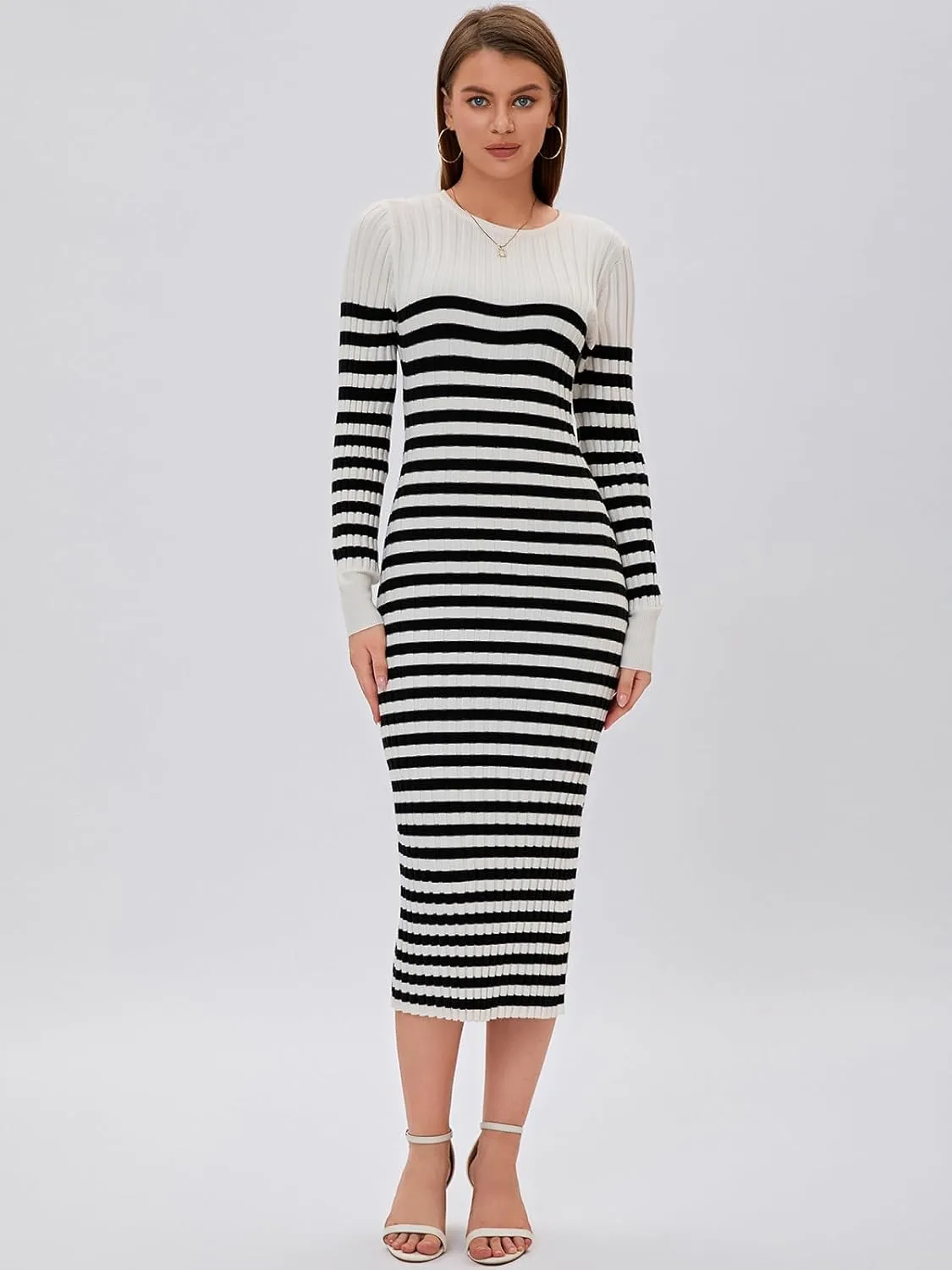 Bloggerlove Women's Striped Sweater Dress Long Sleeve Crew Neck Slim Fit Ribbed Knit Bodycon Midi Dresses with Slit 2024 Fall