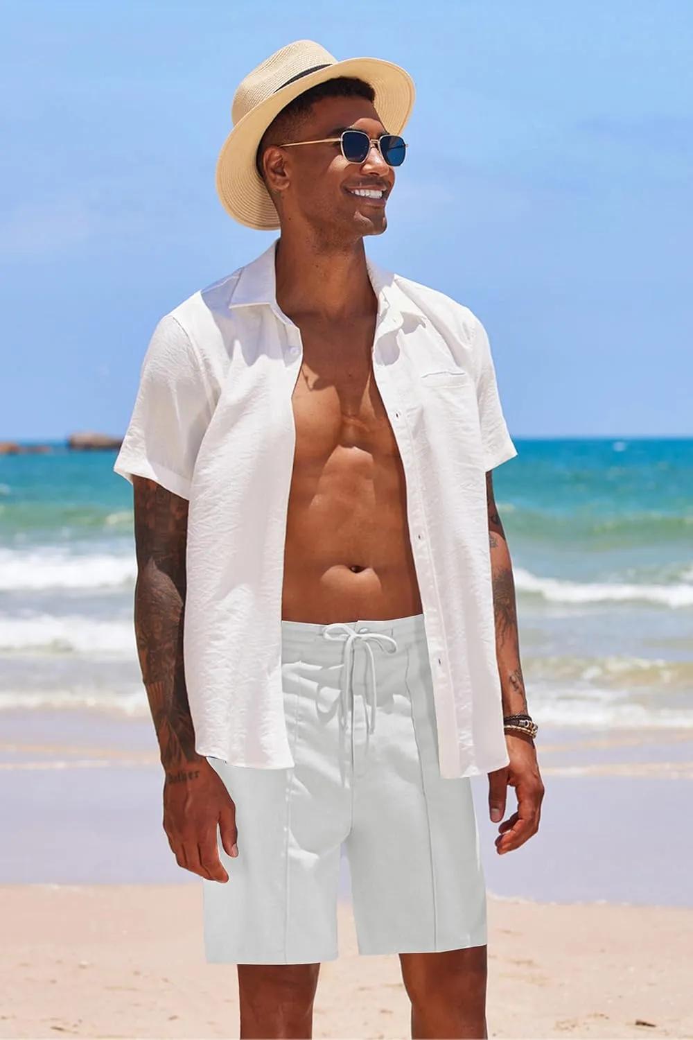 COOFANDY Men's Cotton Linen Shorts 8 Inch Inseam Stretch Casual Dress Summer Beach Golf Shorts with Pockets