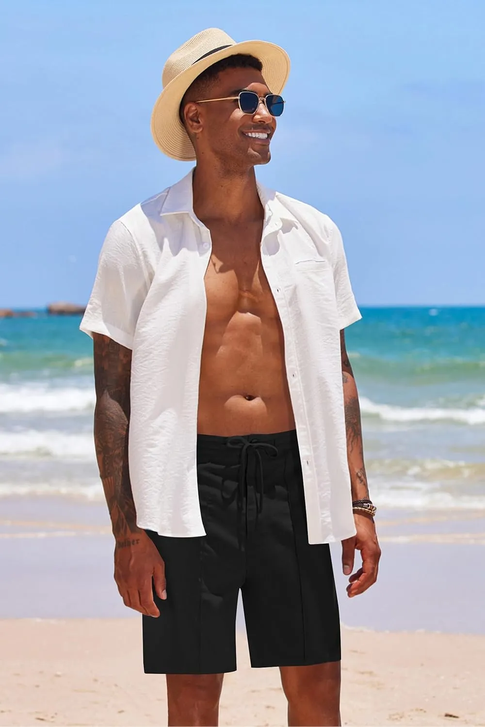 COOFANDY Men's Cotton Linen Shorts 8 Inch Inseam Stretch Casual Dress Summer Beach Golf Shorts with Pockets