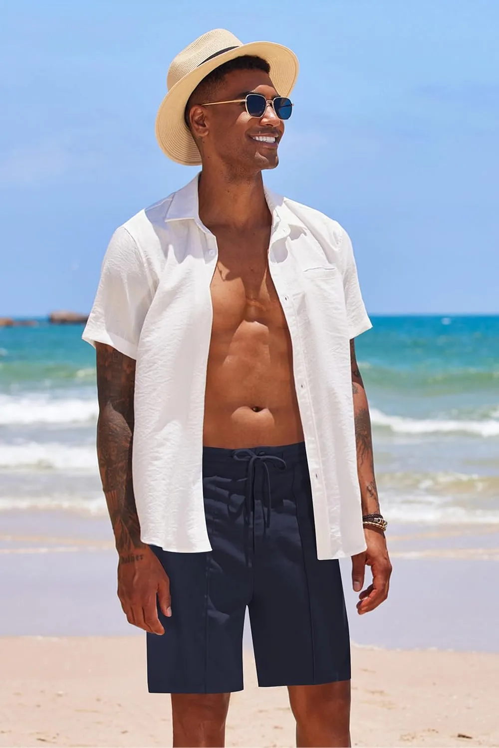 COOFANDY Men's Cotton Linen Shorts 8 Inch Inseam Stretch Casual Dress Summer Beach Golf Shorts with Pockets