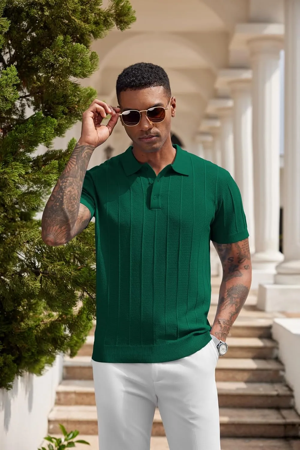 COOFANDY Mens Knit Polo Shirts Short Sleeve Ribbed Textured Polo Shirt Lightweight Casual Golf Shirts Collared T Shirt