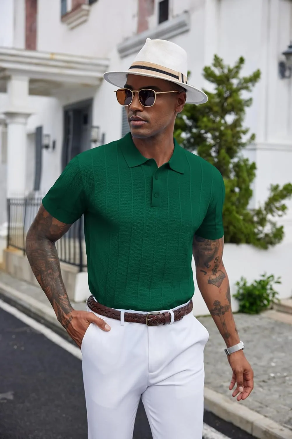 COOFANDY Mens Knit Polo Shirts Short Sleeve Ribbed Textured Polo Shirt Lightweight Casual Golf Shirts Collared T Shirt