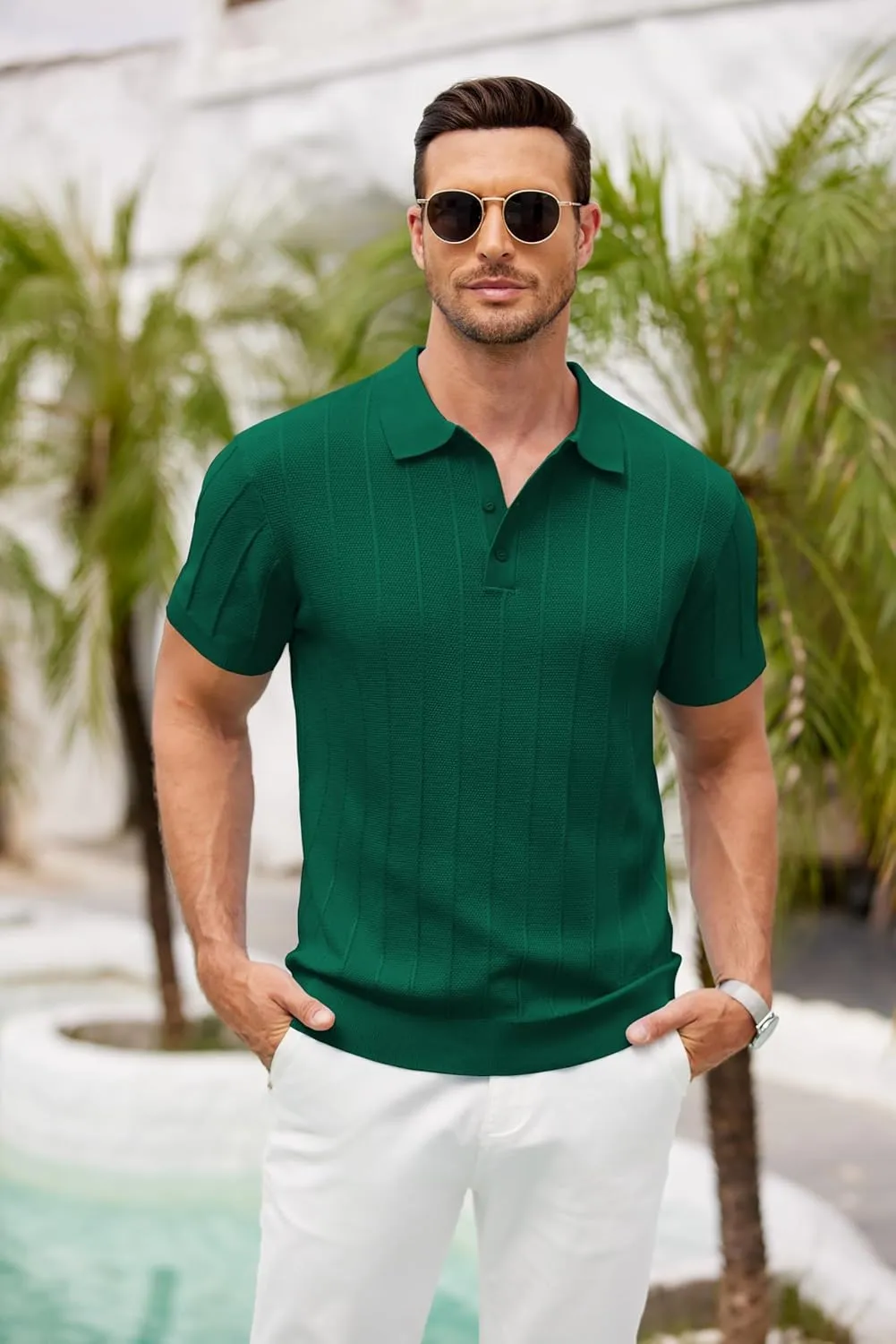 COOFANDY Mens Knit Polo Shirts Short Sleeve Ribbed Textured Polo Shirt Lightweight Casual Golf Shirts Collared T Shirt