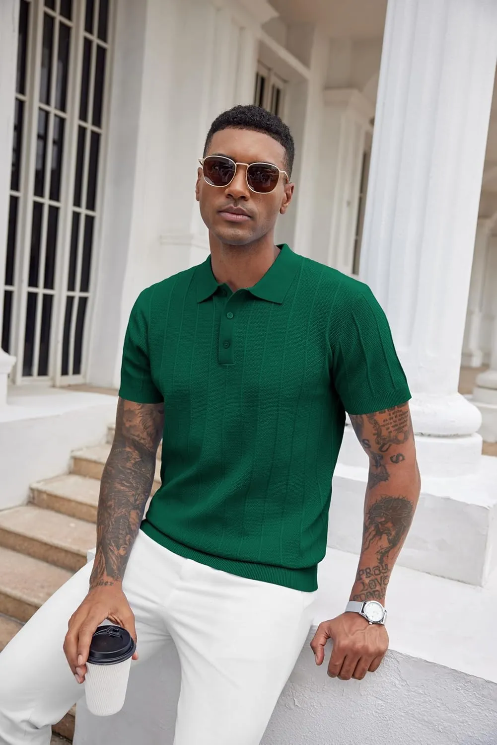 COOFANDY Mens Knit Polo Shirts Short Sleeve Ribbed Textured Polo Shirt Lightweight Casual Golf Shirts Collared T Shirt