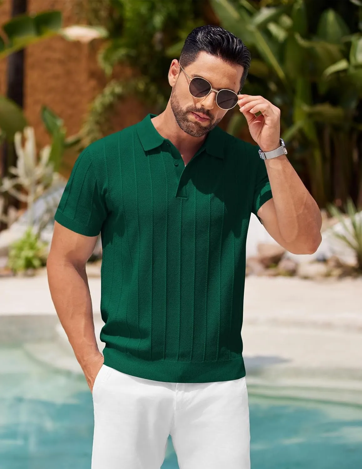 COOFANDY Mens Knit Polo Shirts Short Sleeve Ribbed Textured Polo Shirt Lightweight Casual Golf Shirts Collared T Shirt