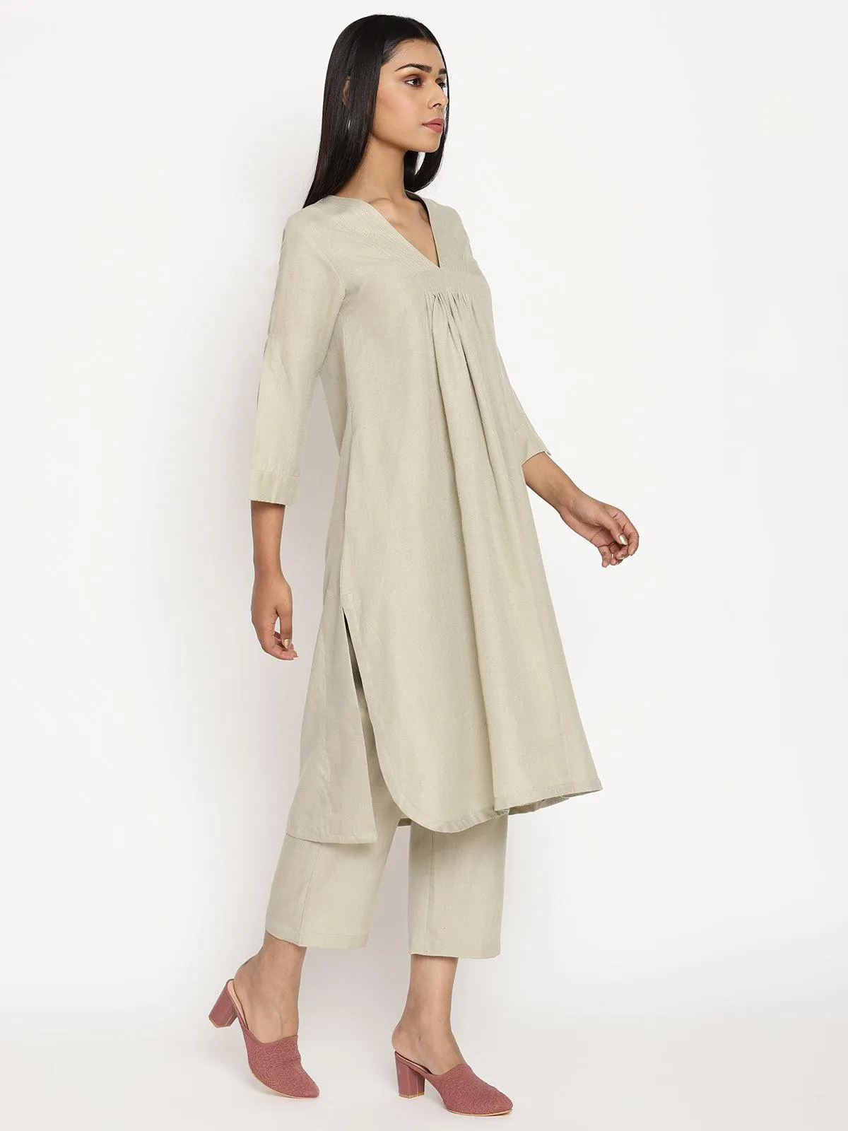 Cotton Linen Light Grey Flared Kurta Pant Set