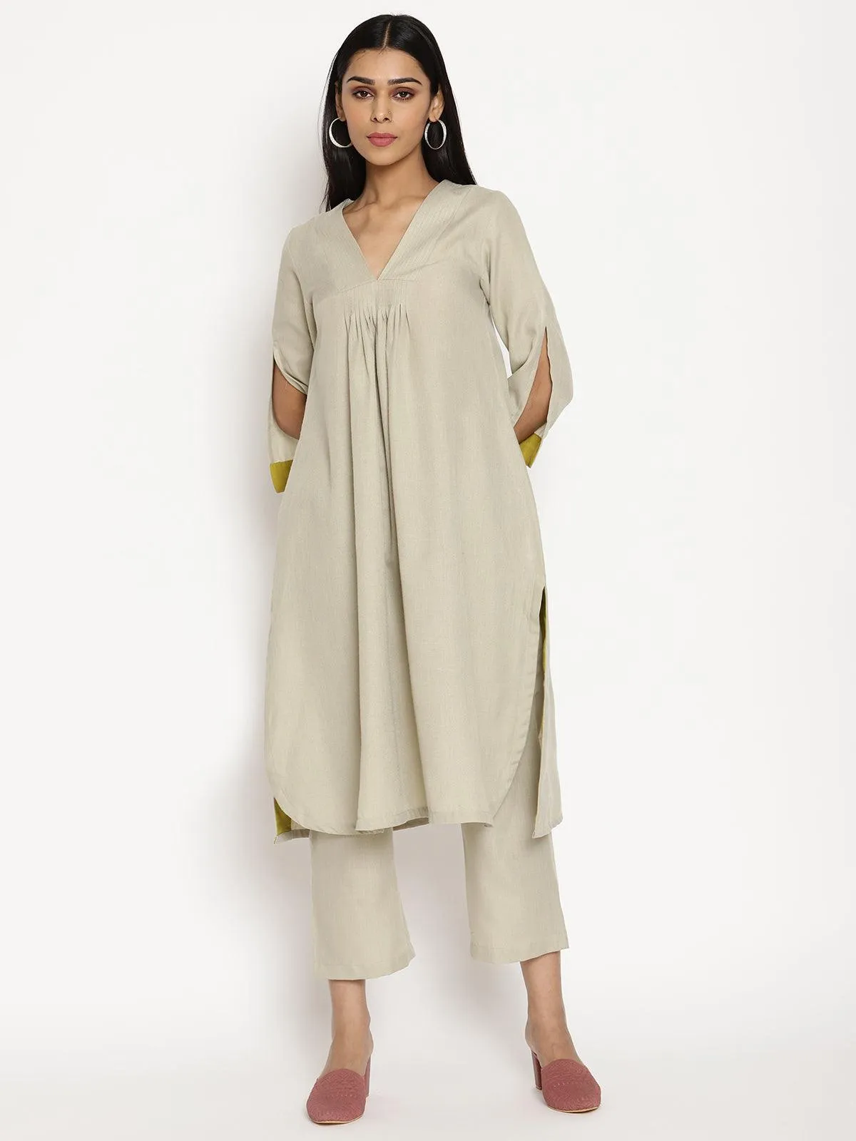 Cotton Linen Light Grey Flared Kurta Pant Set