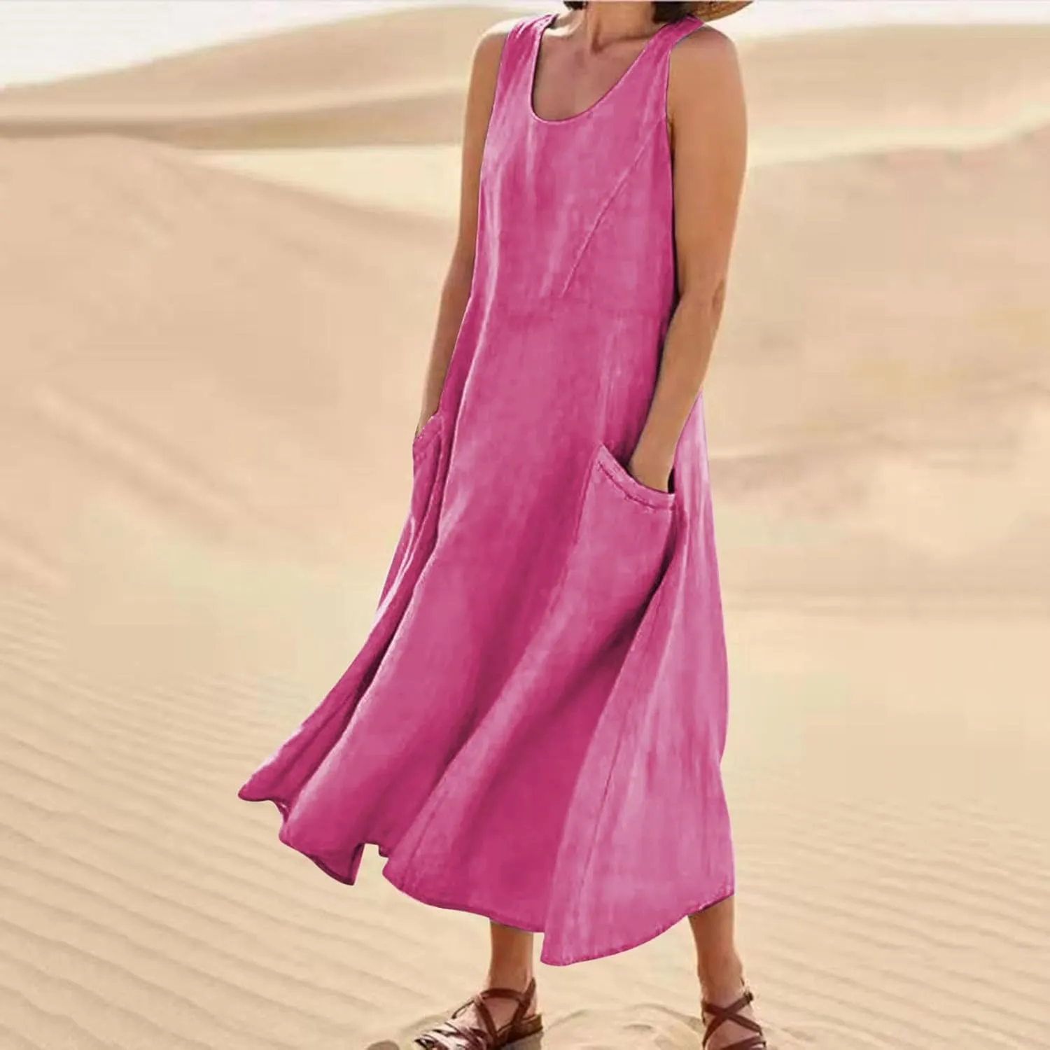 Cotton Linen Maxi Dress for Women Summer Boho Casual Beach Dresses Sleeveless Solid Long Dress Vacation Outfits