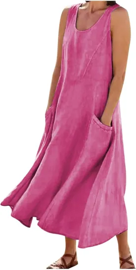 Cotton Linen Maxi Dress for Women Summer Boho Casual Beach Dresses Sleeveless Solid Long Dress Vacation Outfits