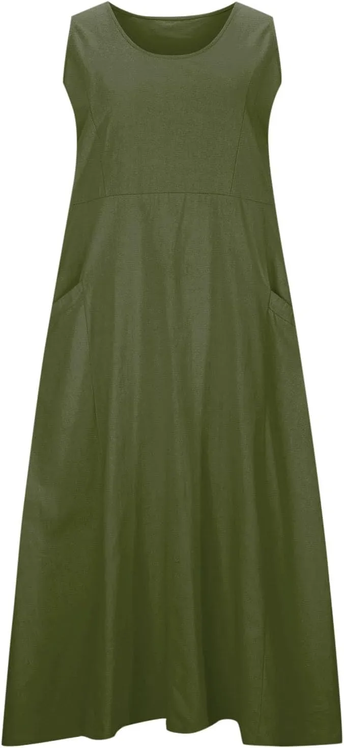 Cotton Linen Maxi Dress for Women Summer Boho Casual Beach Dresses Sleeveless Solid Long Dress Vacation Outfits