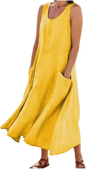 Cotton Linen Maxi Dress for Women Summer Boho Casual Beach Dresses Sleeveless Solid Long Dress Vacation Outfits
