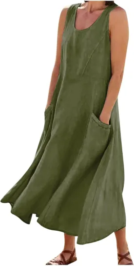 Cotton Linen Maxi Dress for Women Summer Boho Casual Beach Dresses Sleeveless Solid Long Dress Vacation Outfits