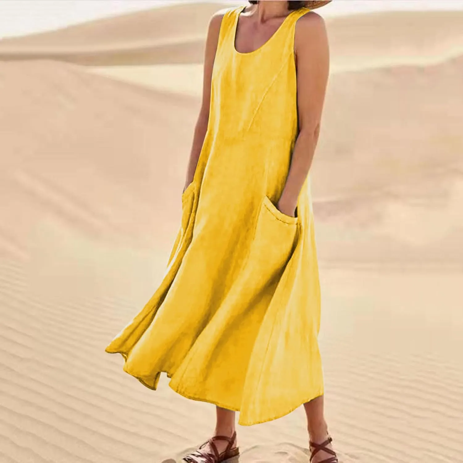 Cotton Linen Maxi Dress for Women Summer Boho Casual Beach Dresses Sleeveless Solid Long Dress Vacation Outfits