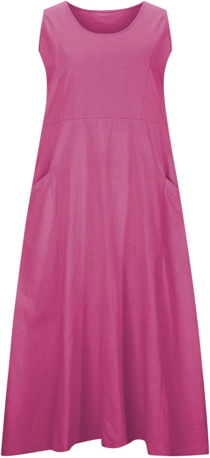 Cotton Linen Maxi Dress for Women Summer Boho Casual Beach Dresses Sleeveless Solid Long Dress Vacation Outfits
