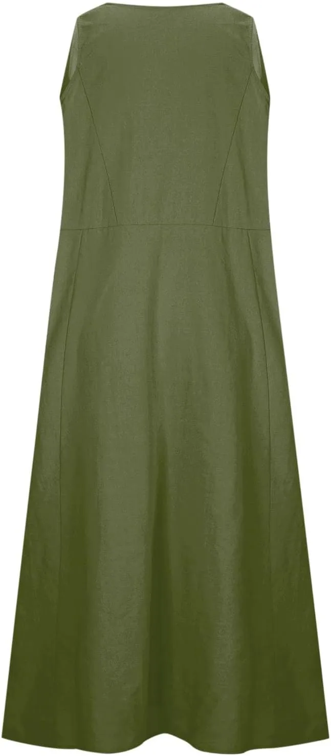 Cotton Linen Maxi Dress for Women Summer Boho Casual Beach Dresses Sleeveless Solid Long Dress Vacation Outfits