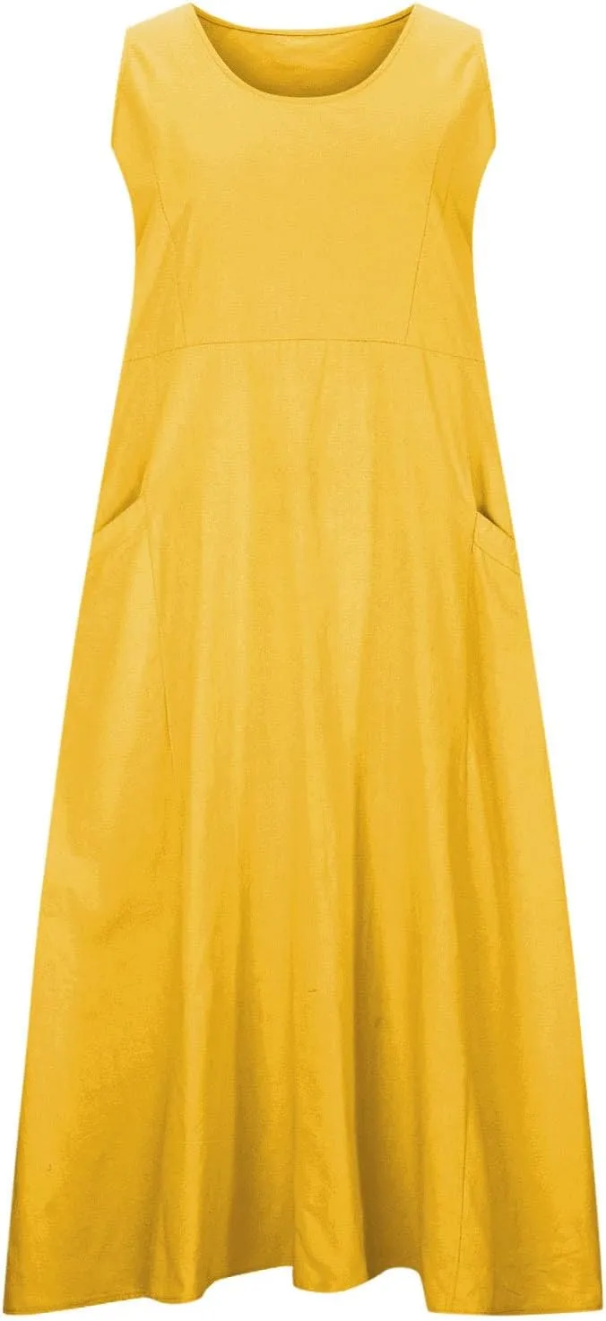 Cotton Linen Maxi Dress for Women Summer Boho Casual Beach Dresses Sleeveless Solid Long Dress Vacation Outfits