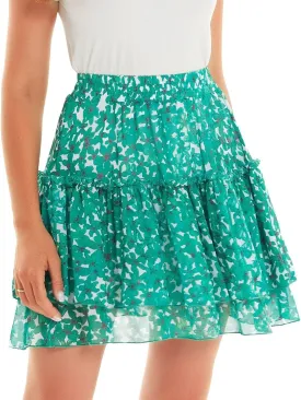 DIASHINY Women's Boho Printed High Waist Layered Ruffle A Line Swing Mini Skirt