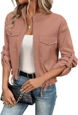 EVALESS Womens Zip Up Jacket Roll Tab Sleeve Flap Pocket Drawstring Hem Utility Lightweight Cropped Jackets