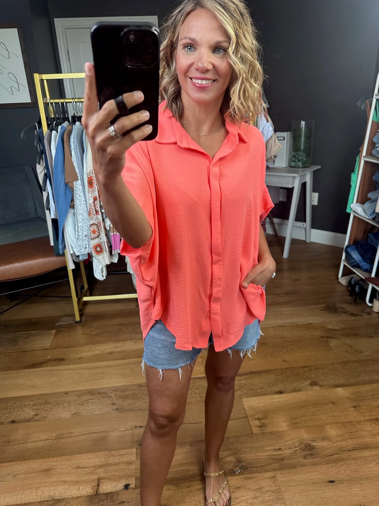 Express Yourself Button-Down Dolman Top - Neon Coral