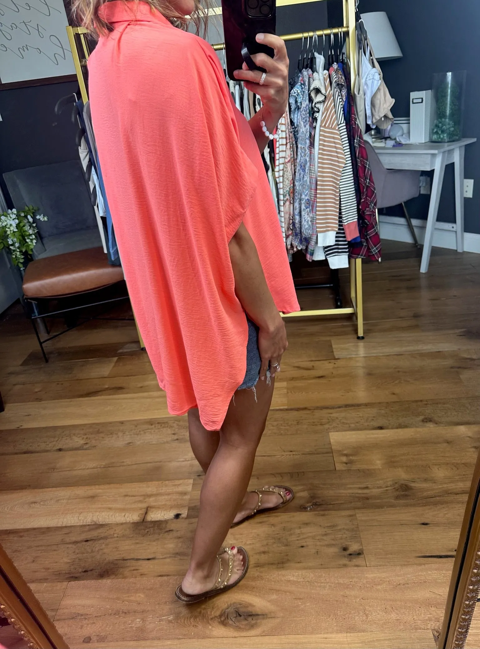 Express Yourself Button-Down Dolman Top - Neon Coral