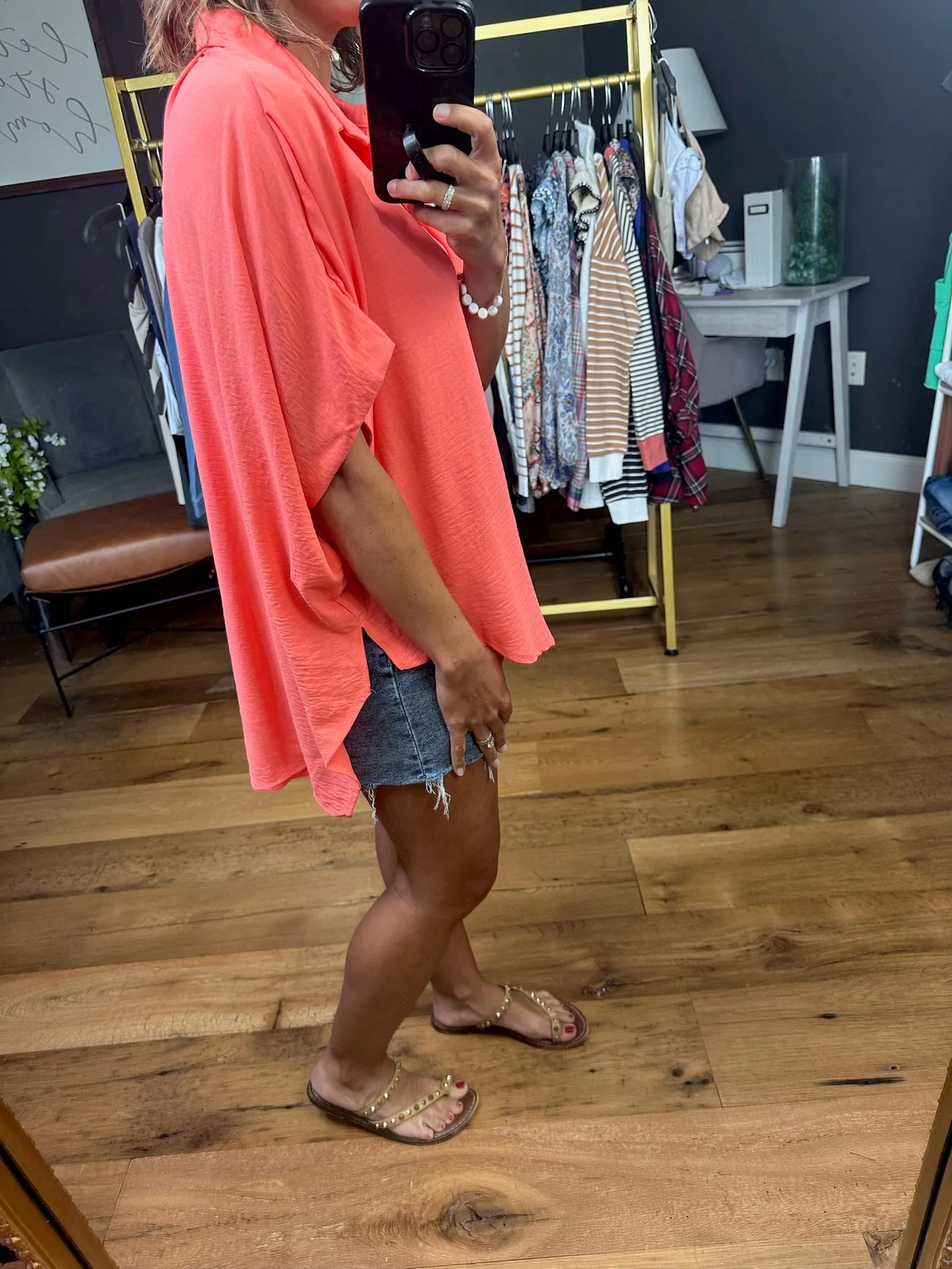 Express Yourself Button-Down Dolman Top - Neon Coral