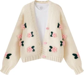 FindThy Womens Kawaii Strawberry Embroidered Cardigan Long Sleeve V Neck Chunky Knitted Cardigans Tops