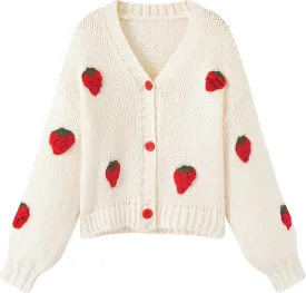 FindThy Womens Kawaii Strawberry Embroidered Cardigan Long Sleeve V Neck Chunky Knitted Cardigans Tops