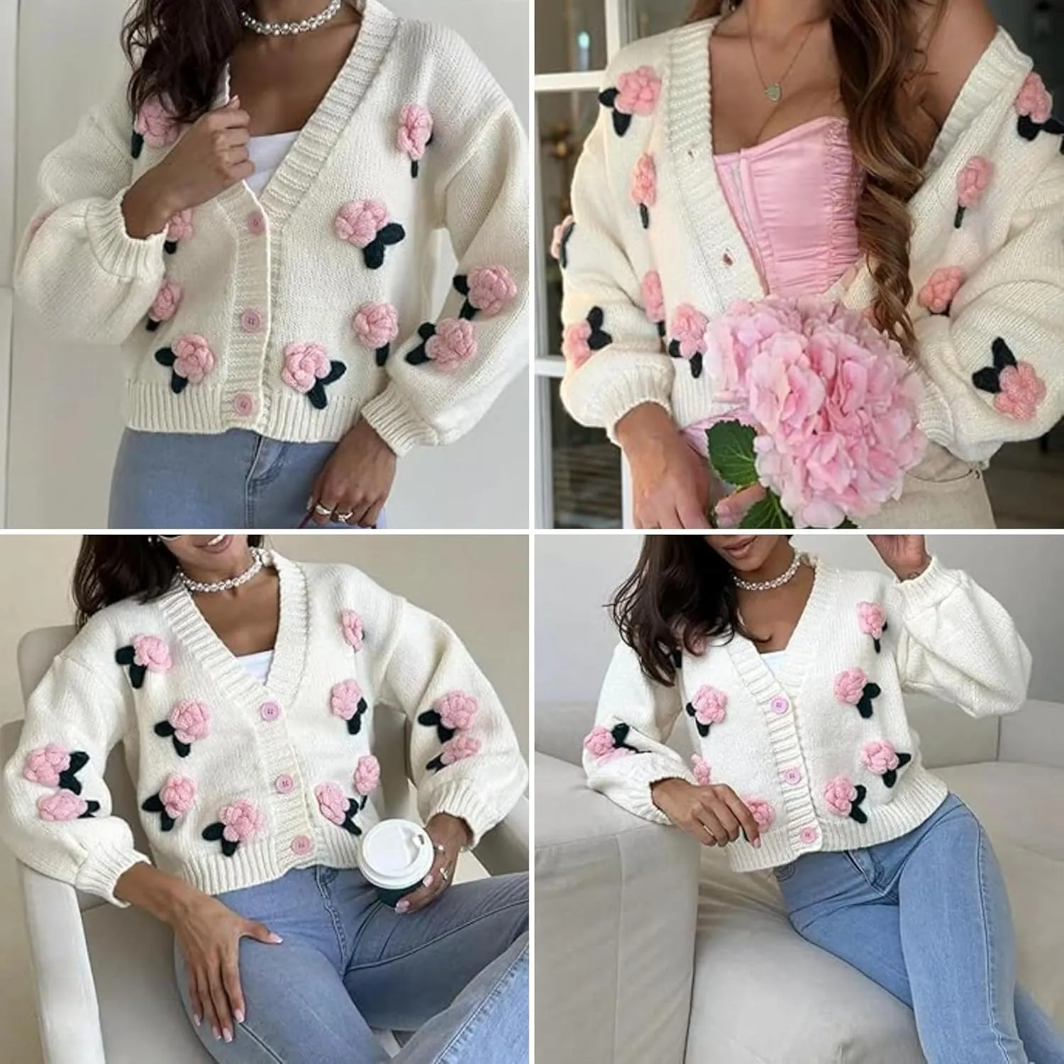 FindThy Womens Kawaii Strawberry Embroidered Cardigan Long Sleeve V Neck Chunky Knitted Cardigans Tops