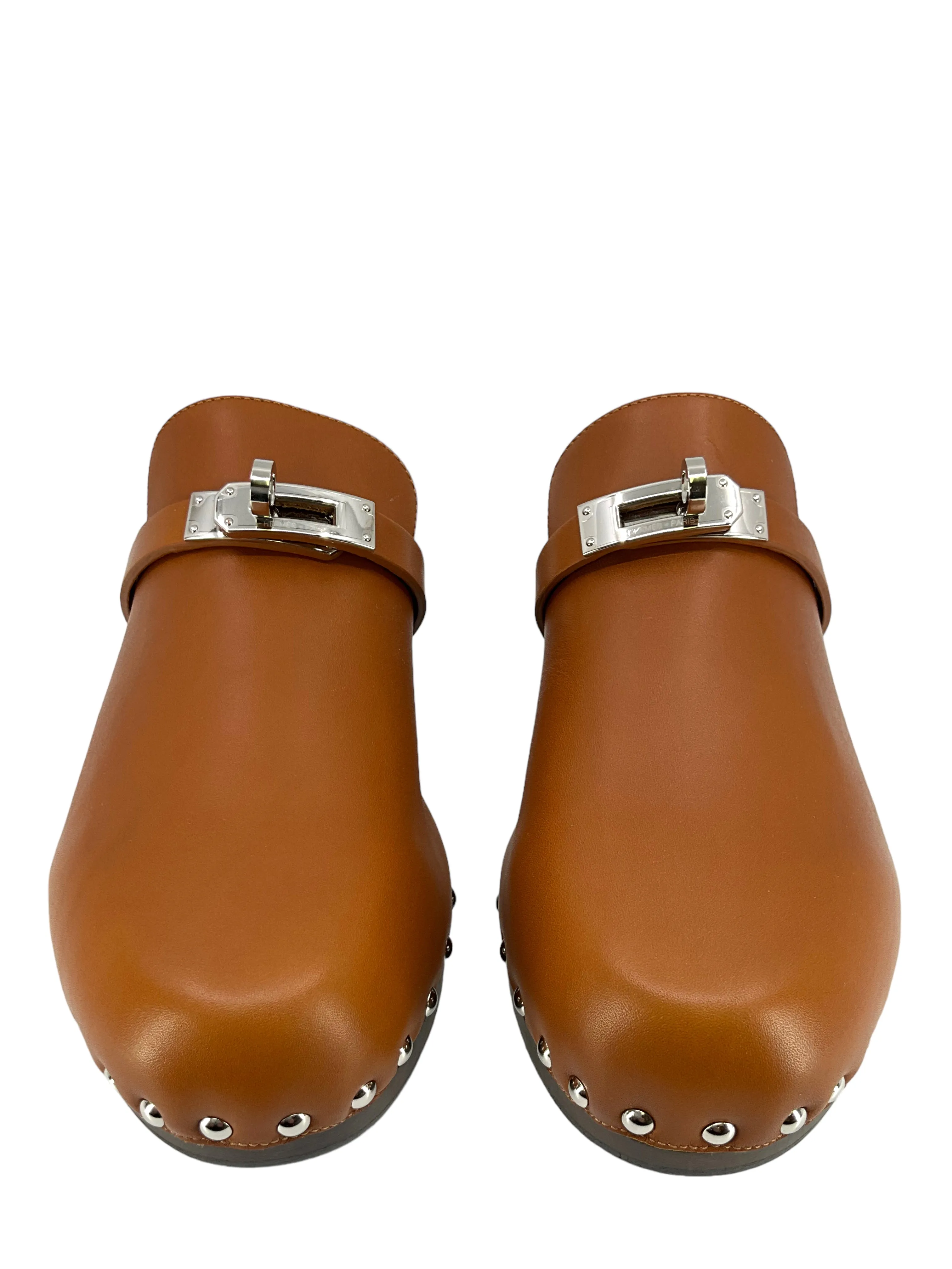 HERMES Calfskin Calya Turn-Lock Mules Size 10 NEW