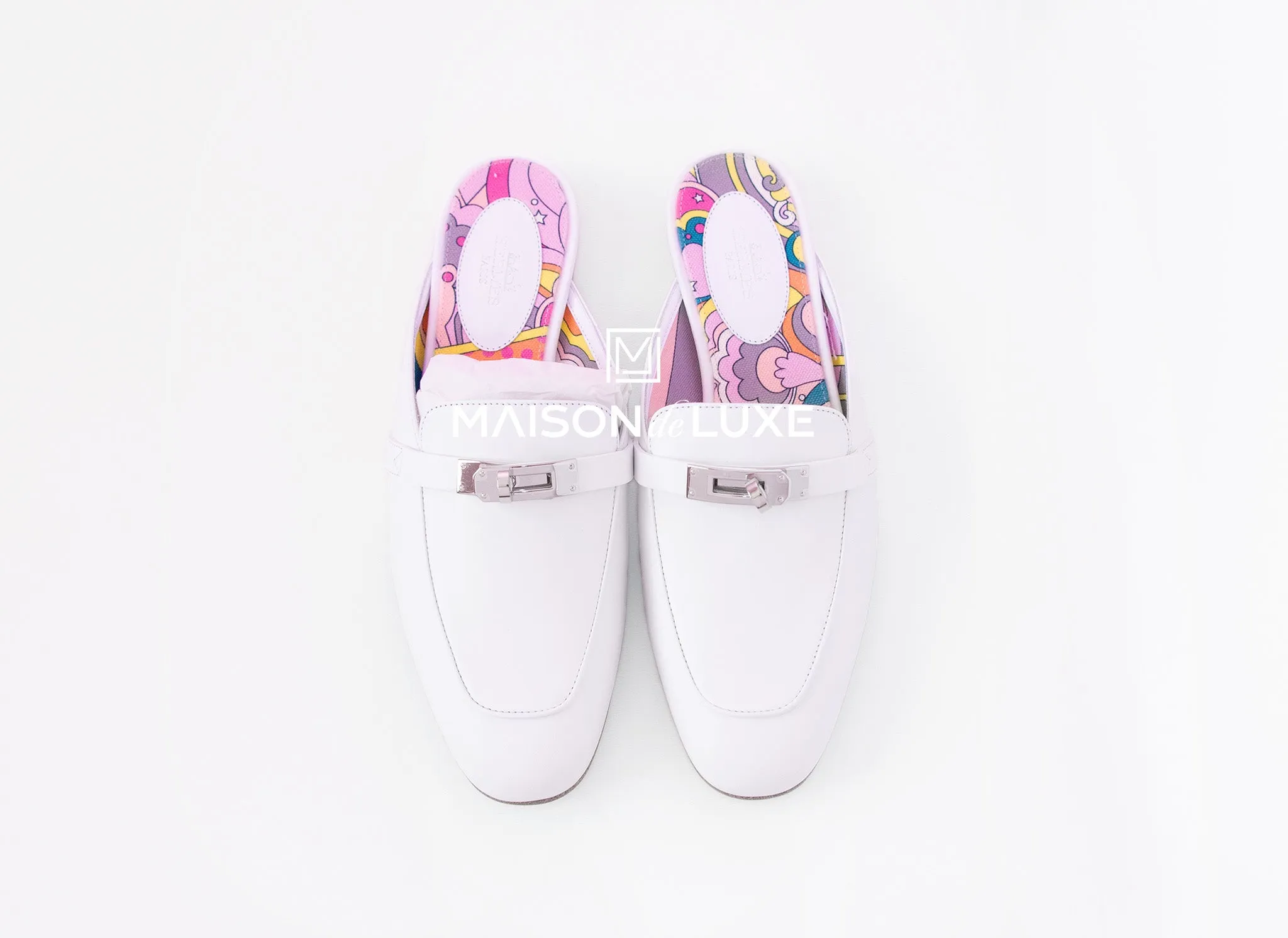 Hermes Womens White OZ Kelly Mules 37 Shoes