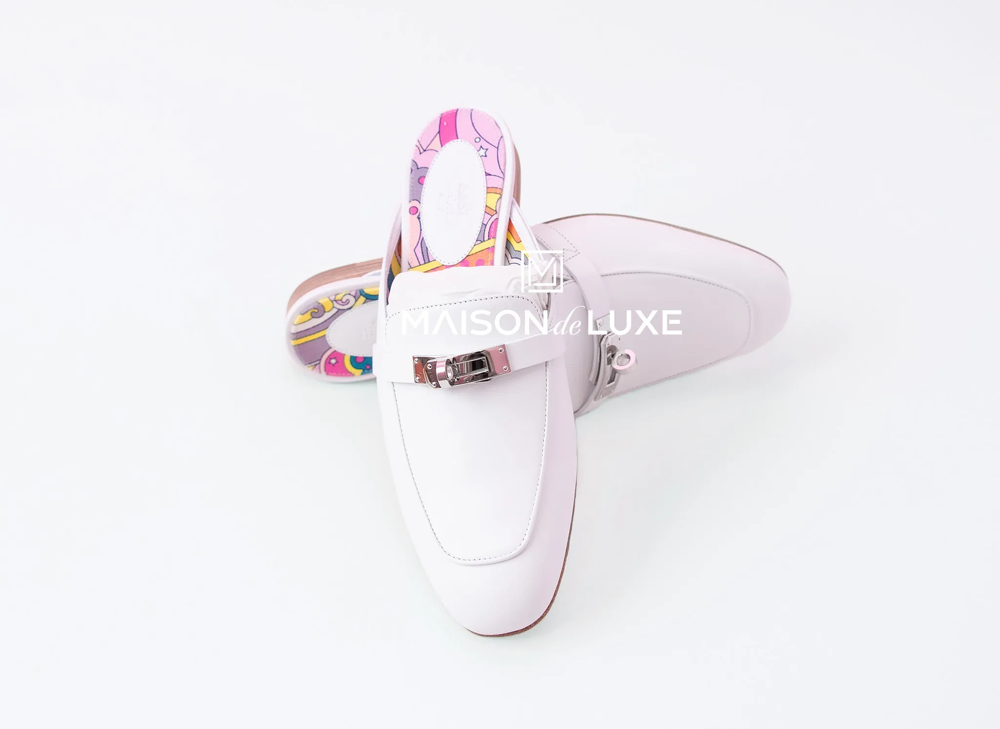 Hermes Womens White OZ Kelly Mules 37 Shoes