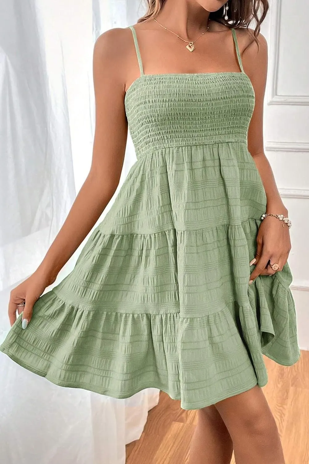 HVEPUO Women Spaghetti Strap Sleeveless Smock Cami Mini Dress Summer Vacation Flowy Boho A Line Swing Short Dresses for Women