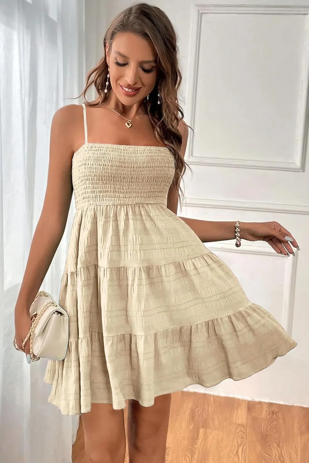 HVEPUO Women Spaghetti Strap Sleeveless Smock Cami Mini Dress Summer Vacation Flowy Boho A Line Swing Short Dresses for Women