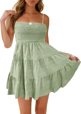 HVEPUO Women Spaghetti Strap Sleeveless Smock Cami Mini Dress Summer Vacation Flowy Boho A Line Swing Short Dresses for Women