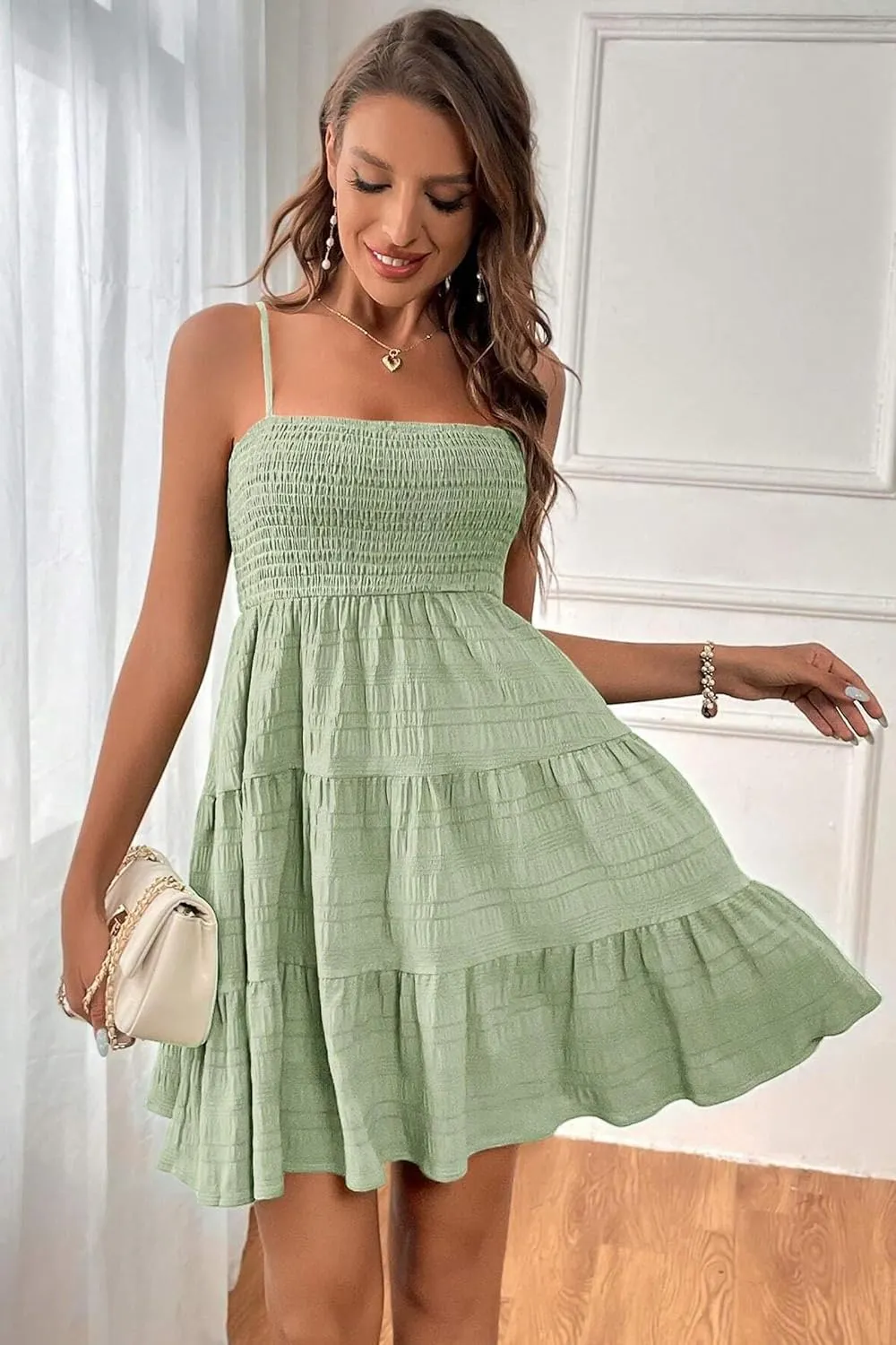 HVEPUO Women Spaghetti Strap Sleeveless Smock Cami Mini Dress Summer Vacation Flowy Boho A Line Swing Short Dresses for Women