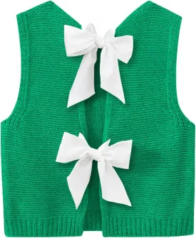 Imily Bela Womens Sweater Vest Top Summer Bow Tie Back Sleeveless Casual Knit Crop Tank Tops