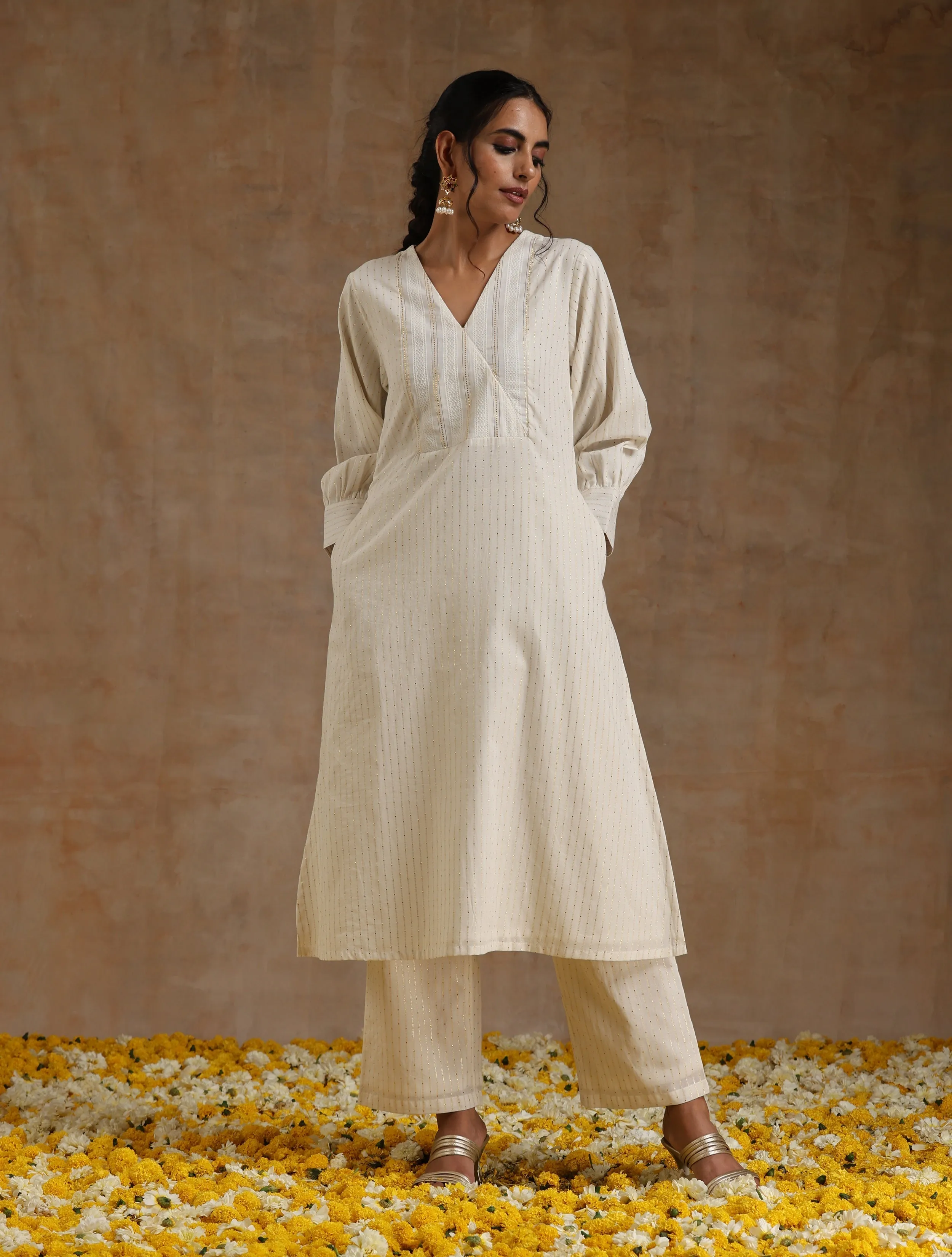 Ivory Gold Cotton Overlap Yoke Kurta Set