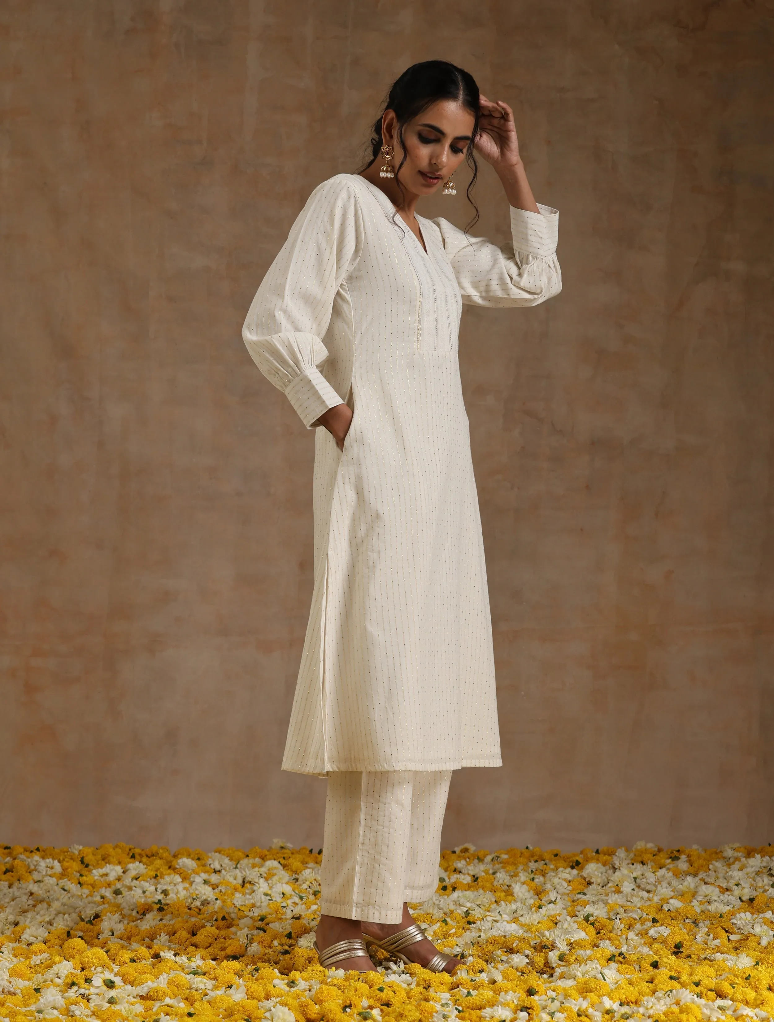 Ivory Gold Cotton Overlap Yoke Kurta Set