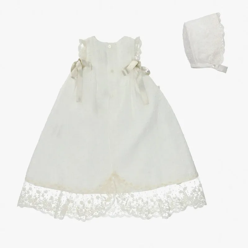 Ivory Lace Gown with Satin Side Bows and Bonnet