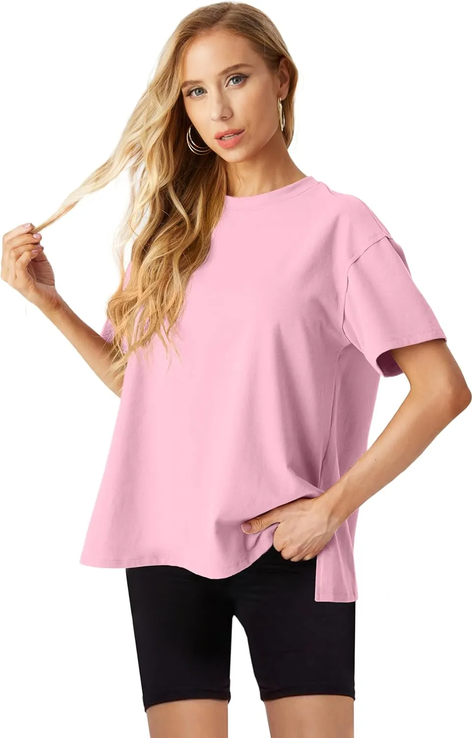 Lepunuo Oversized T Shirts for Women Summer Tops 2024 Trendy Cotton Casual Loose Fit Short Sleeve Side Slit Tee Shirts
