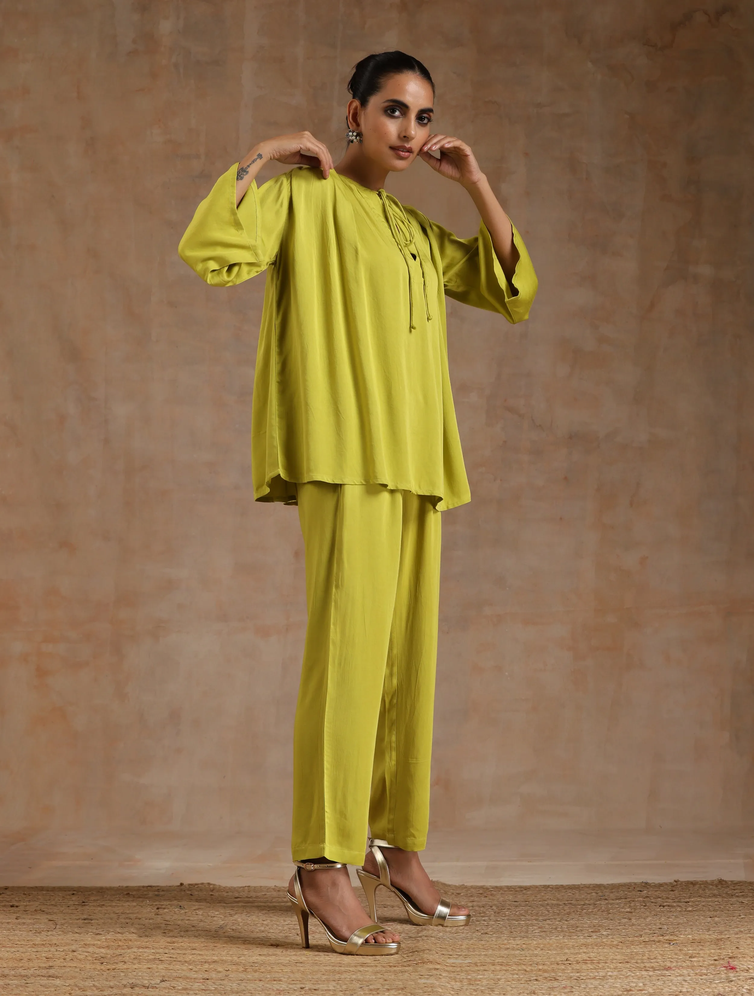 Lime Modal Satin Shoulder Pleat Co-Ord Set