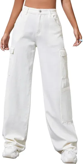 LONGBIDA Women's High Waisted Cargo Jeans Y2K Straight Wide Leg Baggy Jean Loose Denim Cargos Pants Trousers
