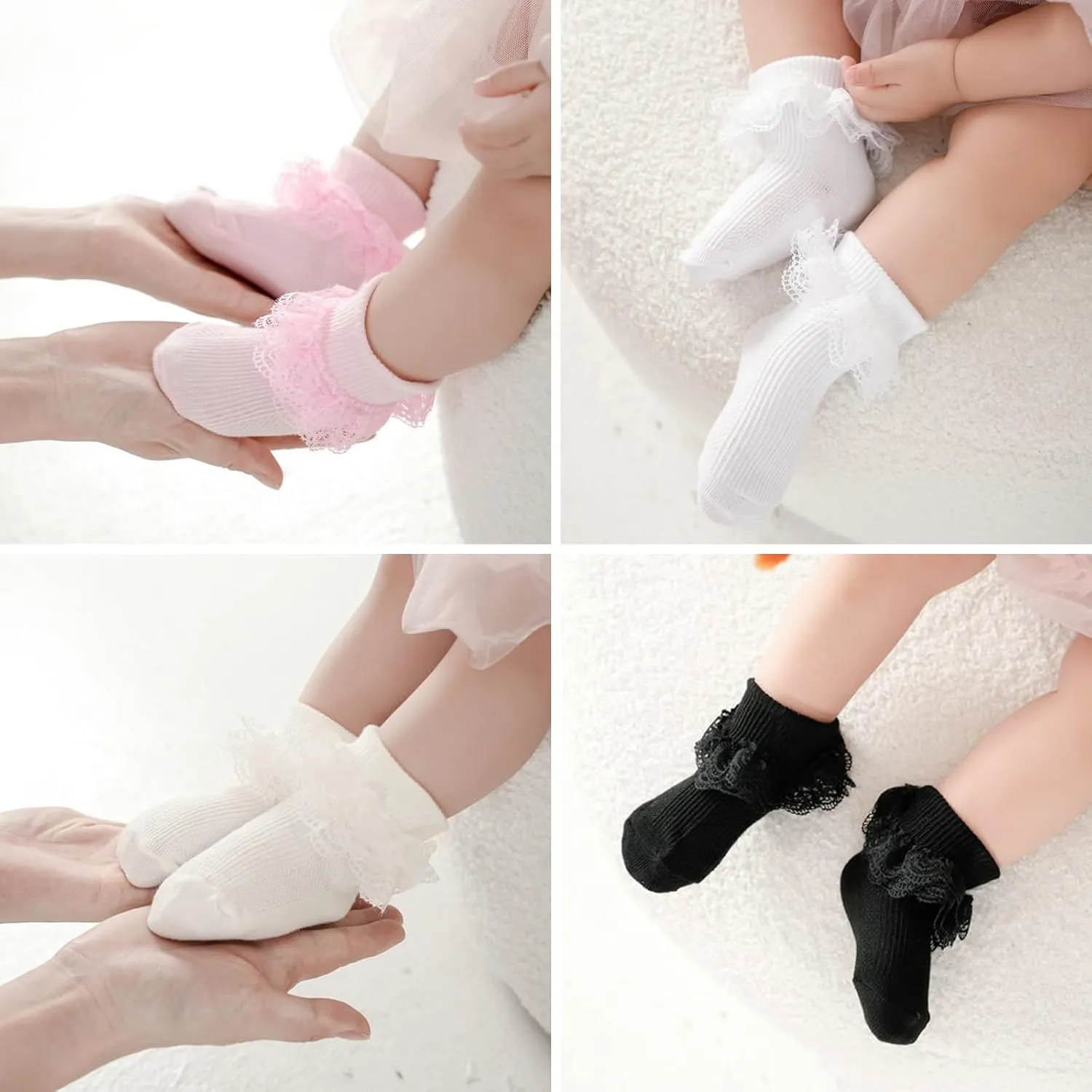 Looching 5 Pack Baby Girls Socks Eyelet Ruffle Lace Newborn Infant Turn Cuff Frilly Dress Princess Socks for 0-2T Kids
