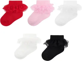 Looching 5 Pack Baby Girls Socks Eyelet Ruffle Lace Newborn Infant Turn Cuff Frilly Dress Princess Socks for 0-2T Kids